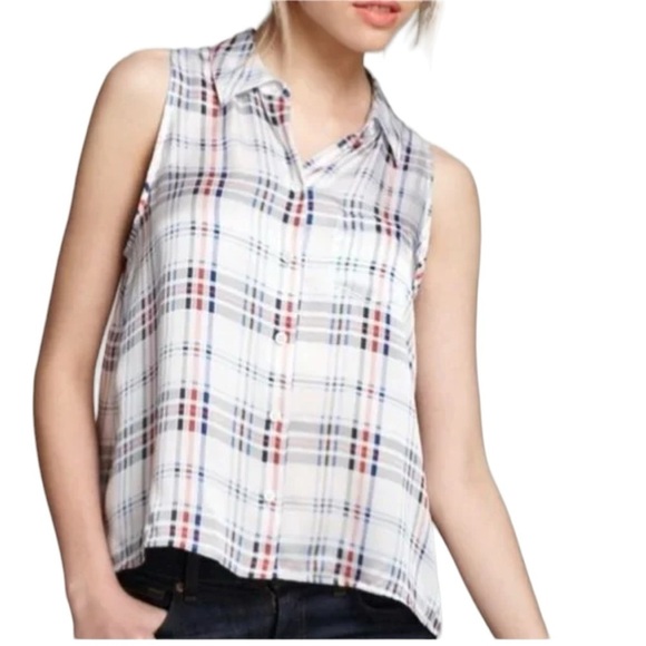 Equipment 100% Silk Mina Plaid sleeveless button down collared blouse white M - Picture 2 of 16